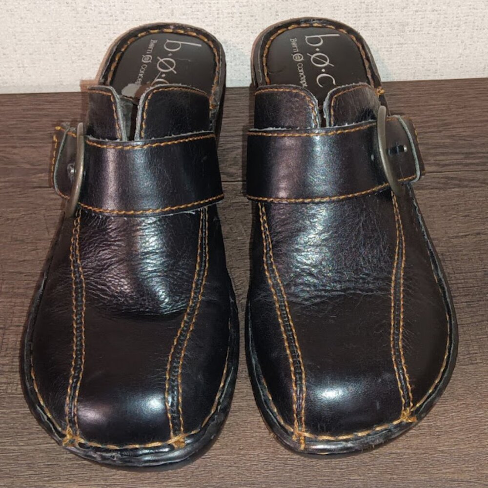 B.O.C. Womens 7 38 Mules Black Leather Born Concept Buckle Comfort Slip-On Shoes